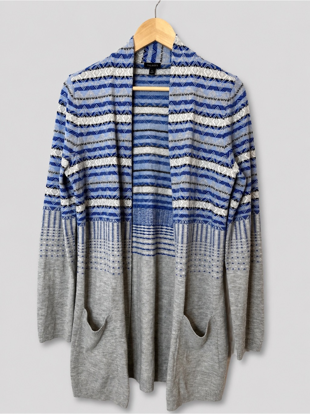 Talbots Blue Gray Fair Isle Open Front Cardigan Sweater with Pockets
